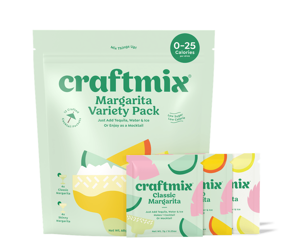 Assorted Margarita cocktail mixes from Craftmix in a variety pack, showcasing colorful bottles and packaging.