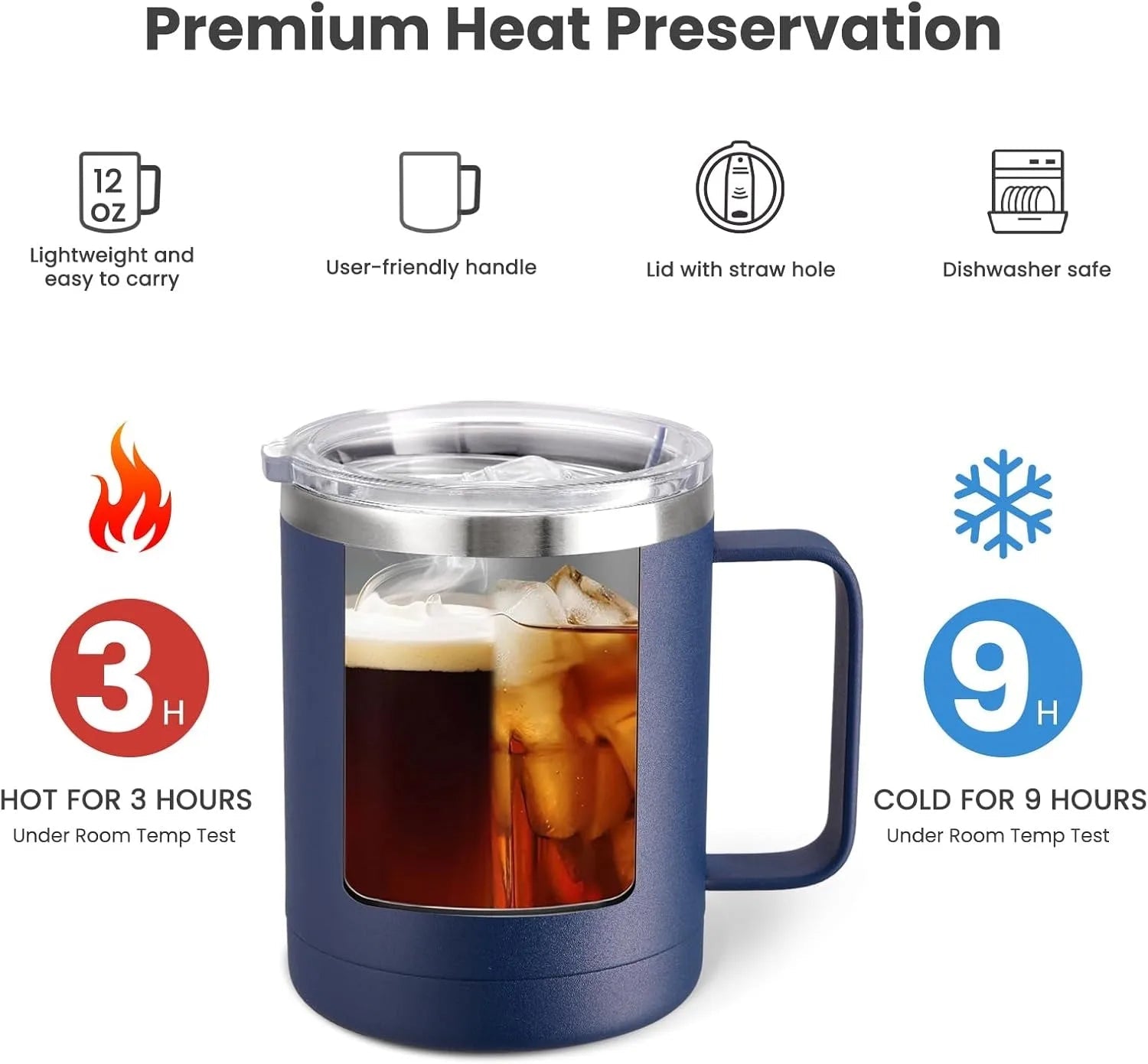 12oz Coffee Mug with Handle Sliding Lid,Stainless Steel Travel Tumbler Cup Double Insulated Camping Cup for Hot & Cold Drink Tea - BACKUPMYFILESNOW