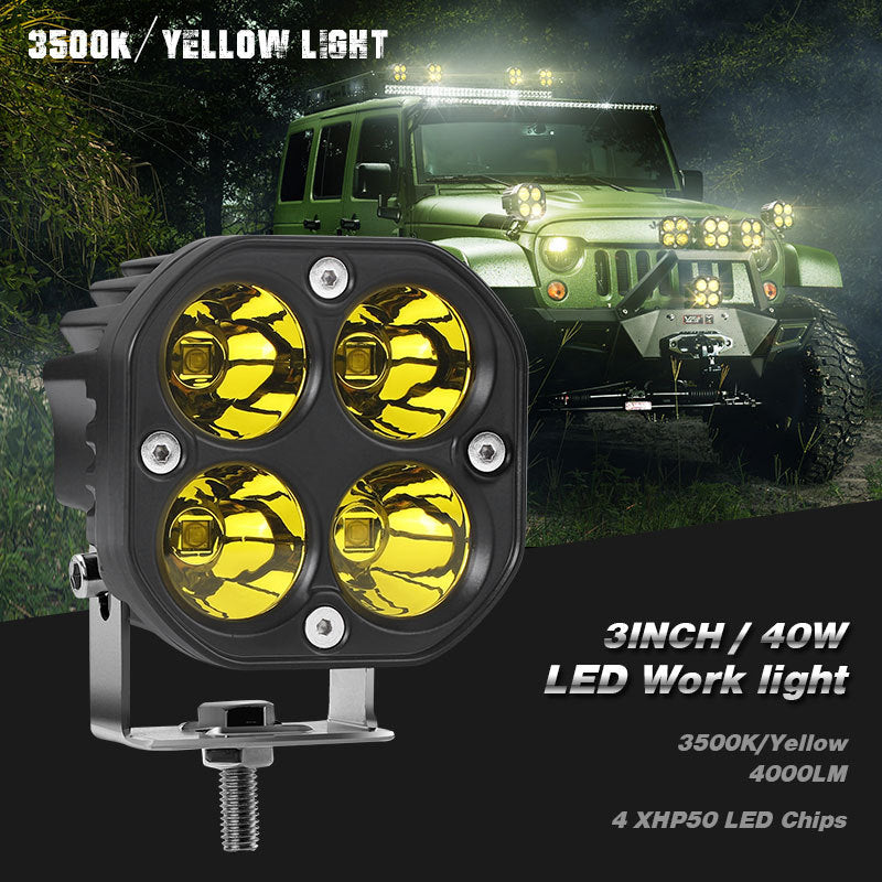 Off-road LED square spotlight for truck or car, compact black auxiliary driving light