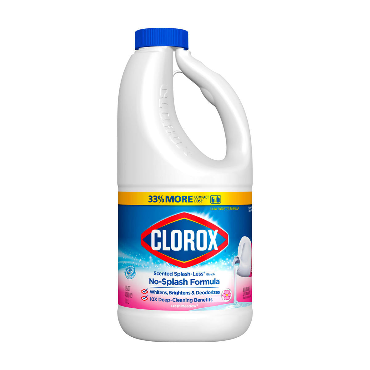 Pasteur Pharmacy scented bleach bottle with Fresh Meadow scent, 40 fl oz, splashless formula for cleaning and whitening.