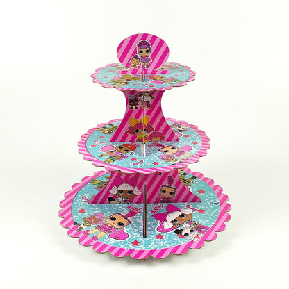 Cartoon doll birthday theme cake stand displayed for party dessert presentation