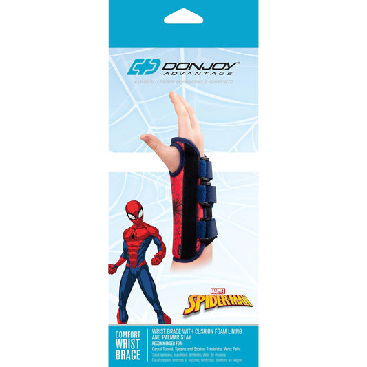 Youth Spider-Man DonJoy Advantage wrist brace for kids, left, providing support for sprains, strains, and tendonitis.