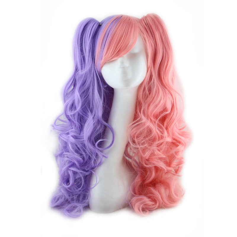Colorful long curly wig with vibrant spiral curls, front view