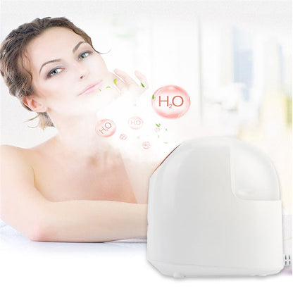 Beauty steamer facial device, white countertop skincare appliance with water reservoir and steam nozzle