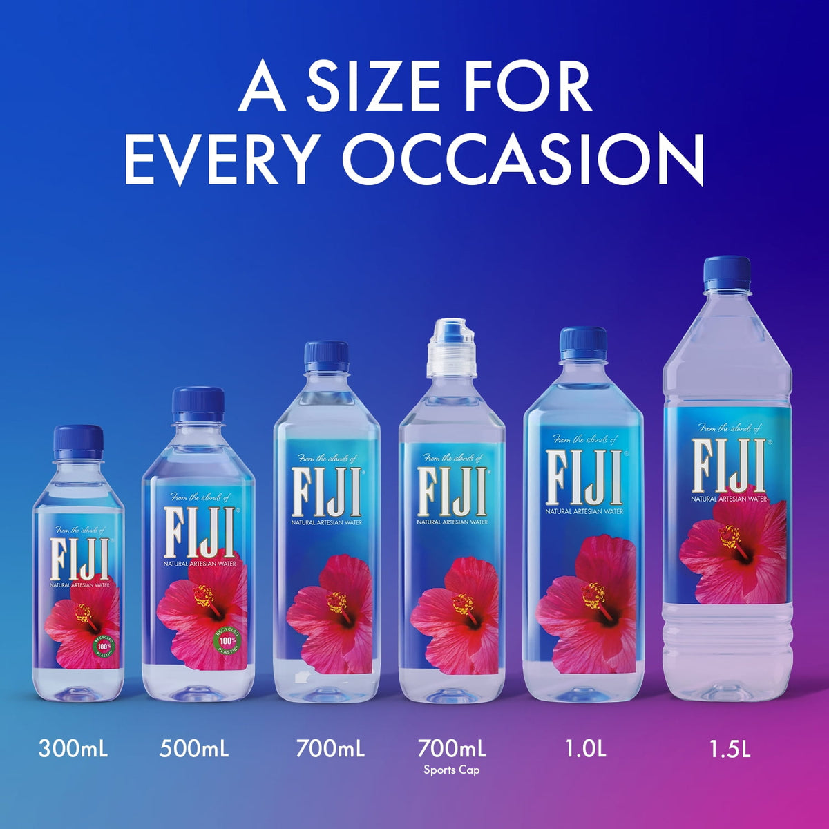 Backups of FIJI Water natural artesian bottled water in 50.7 fl oz bottles, arranged in a 12-pack carton.