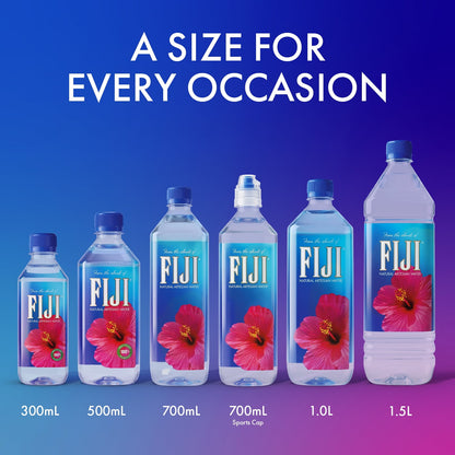 Backups of FIJI Water natural artesian bottled water in 50.7 fl oz bottles, arranged in a 12-pack carton.
