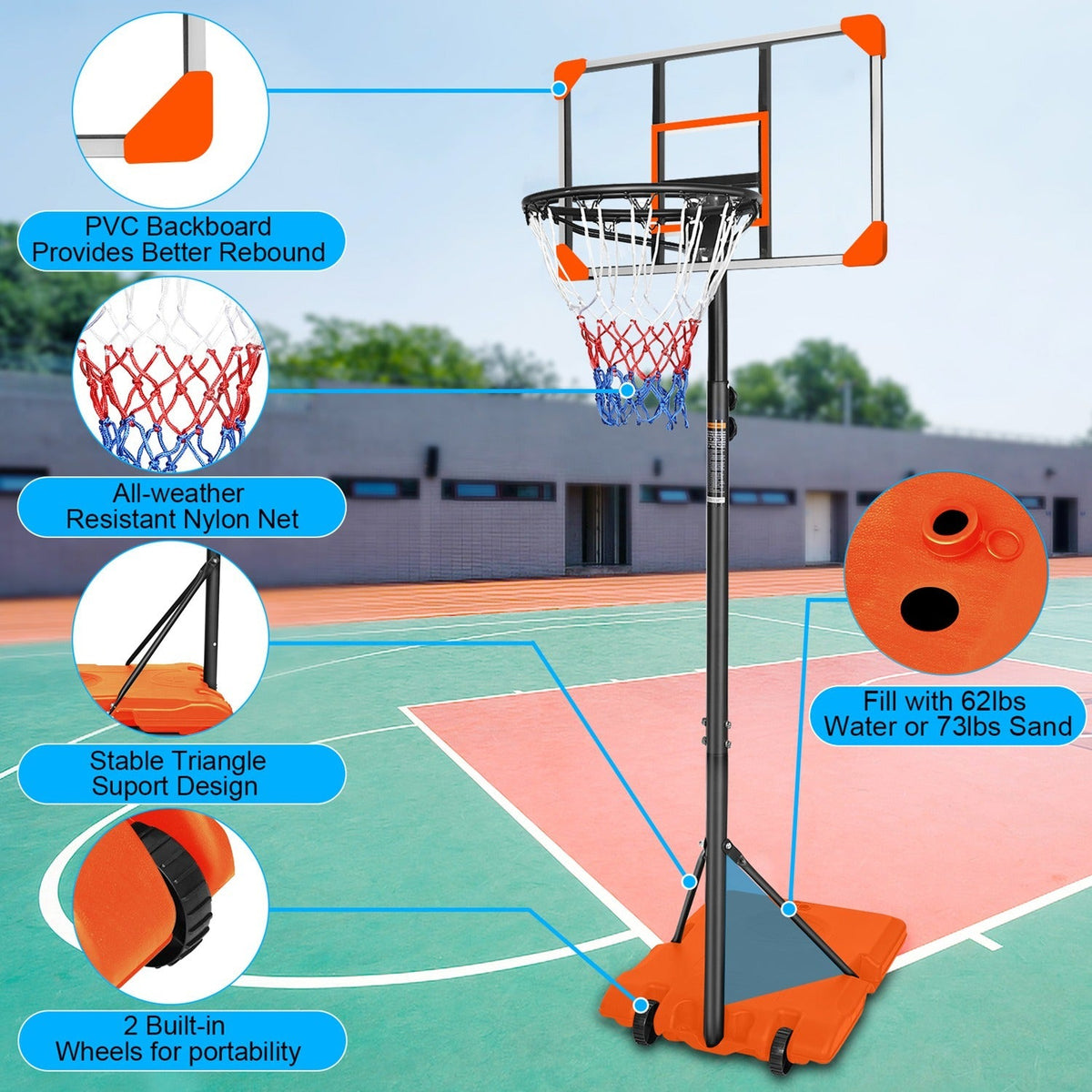Adjustable kids basketball hoop with wheels, height from 5.6 to 7 feet, suitable for outdoor play, by GBruno Store.
