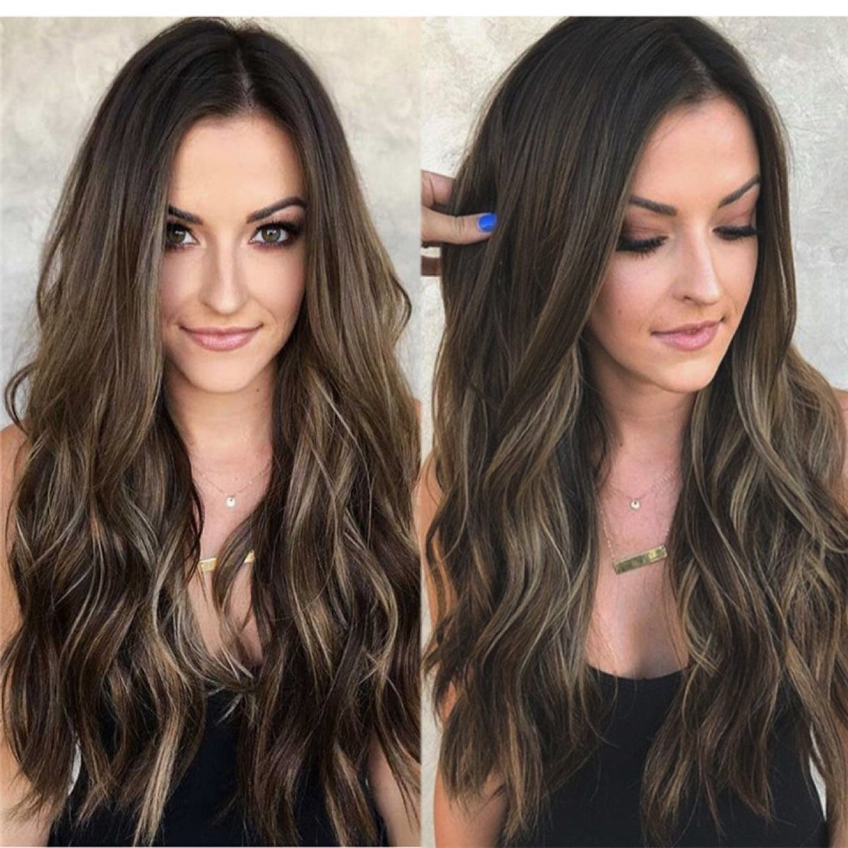 Ladies big wavy long curly hair wig, voluminous dark curls with soft waves, front view
