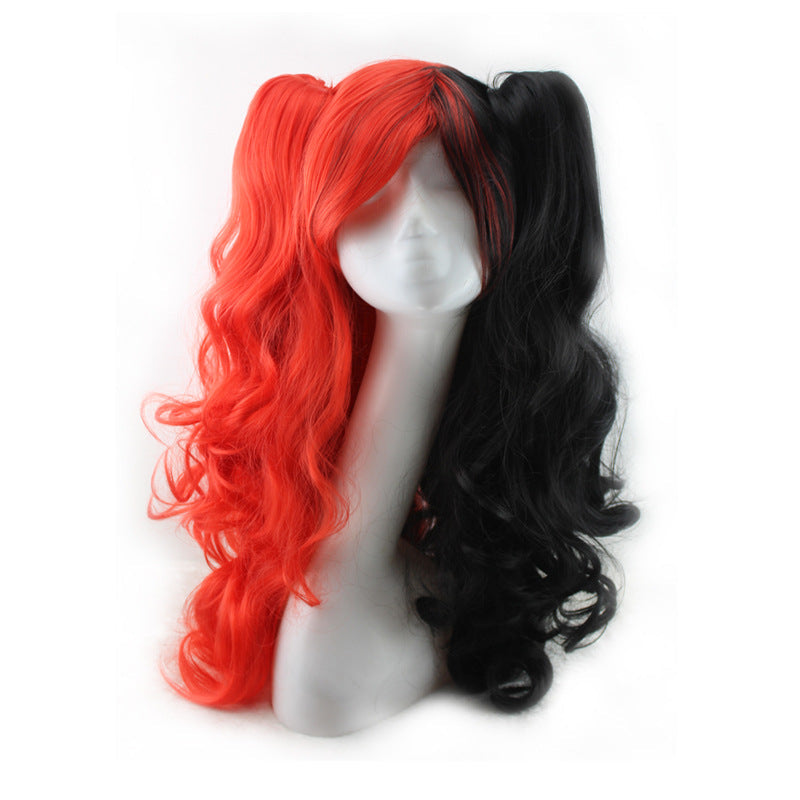 Colorful long curly wigs in vibrant shades, shown with voluminous curls and varied styling details