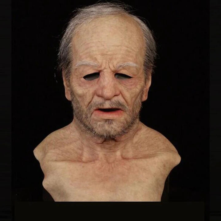 Old man Halloween mask with white hair, white beard, and headgear