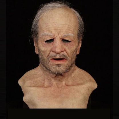 Old man Halloween mask with white hair, white beard, and headgear