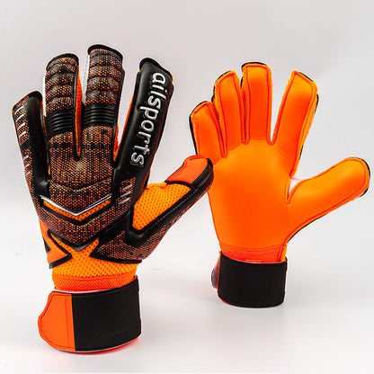 Goalkeeper gloves with fingers, My Store brand, palm and finger padding visible