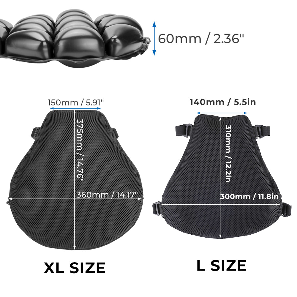Black motorcycle seat cushion with textured, non-slip cover for added riding comfort