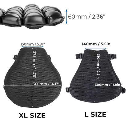 Black motorcycle seat cushion with textured, non-slip cover for added riding comfort