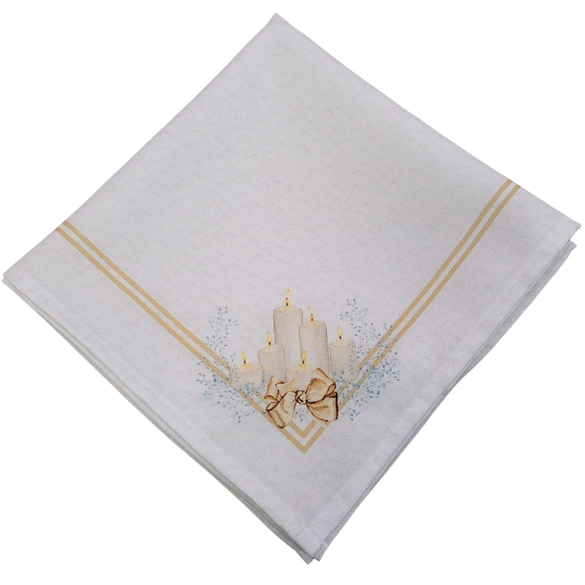Set of four gold synthetic cloth napkins with Christmas candle design, 16x16 inches, by Maison Charlô.