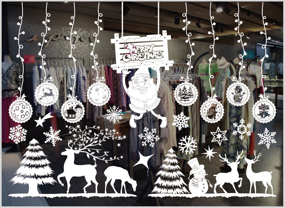 Christmas decorations store window stickers with festive holiday designs for glass surfaces