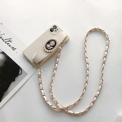 Wrist strap crossbody chain protective phone case, showing case and detachable chain strap