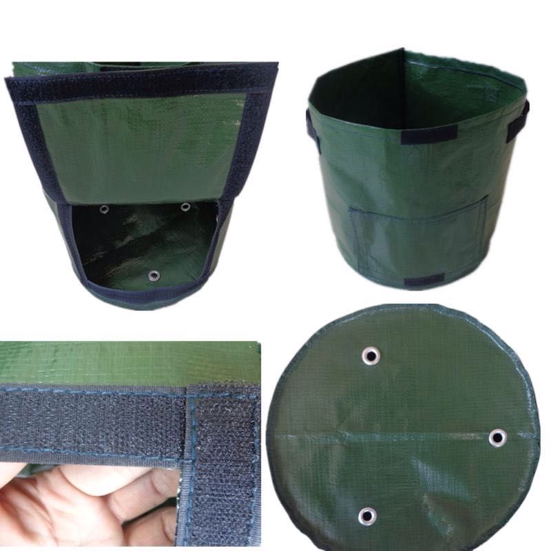 Black PE cloth garden planting bag with reinforced handles, shown empty for container gardening