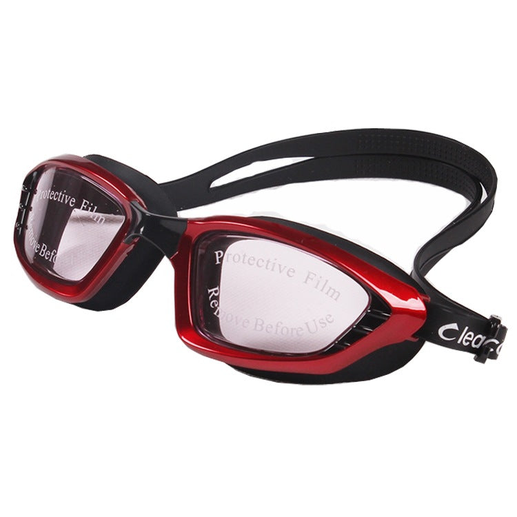 Waterproof swimming glasses with clear lenses and adjustable strap, front view