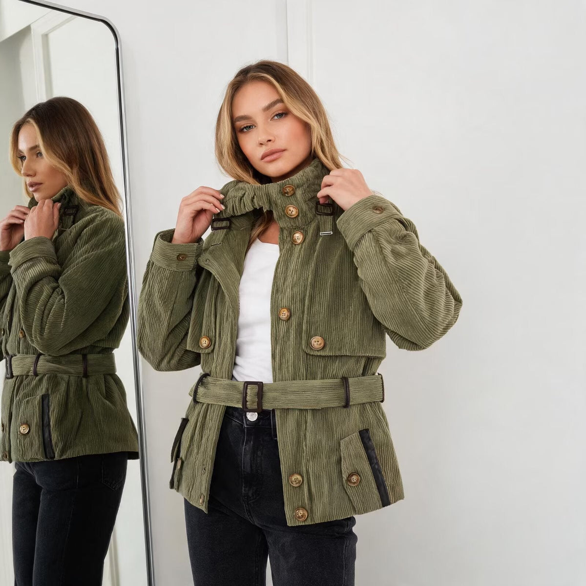 Women’s buttoned belted vintage workwear jacket in old-money style, front view
