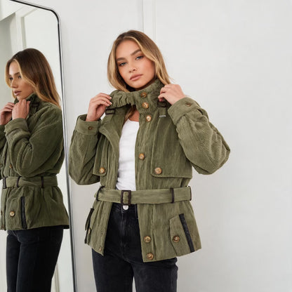 Women’s buttoned belted vintage workwear jacket in old-money style, front view