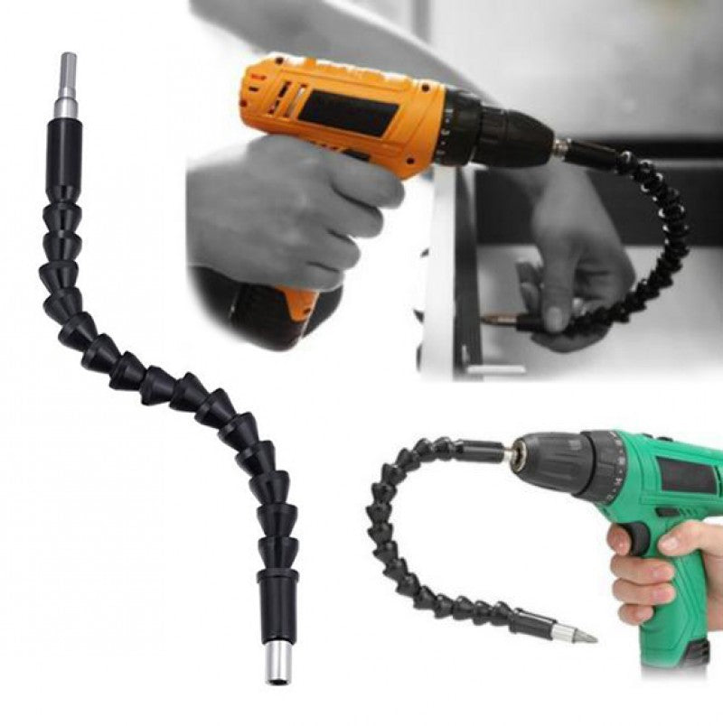 Flexible shaft drill bit holder, 1-piece design with flexible shaft for extending drill bit reach