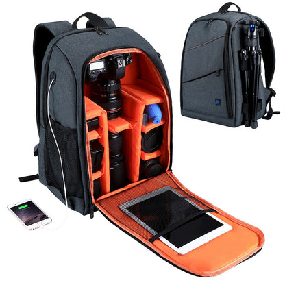 Black waterproof camera backpack with padded compartments and adjustable shoulder straps