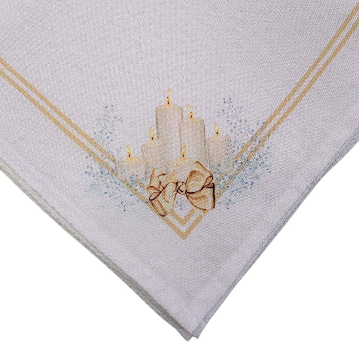 Set of four Maison Charlô gold synthetic cloth napkins with Christmas candles design, 16x16 inches, ideal for holiday table settings.