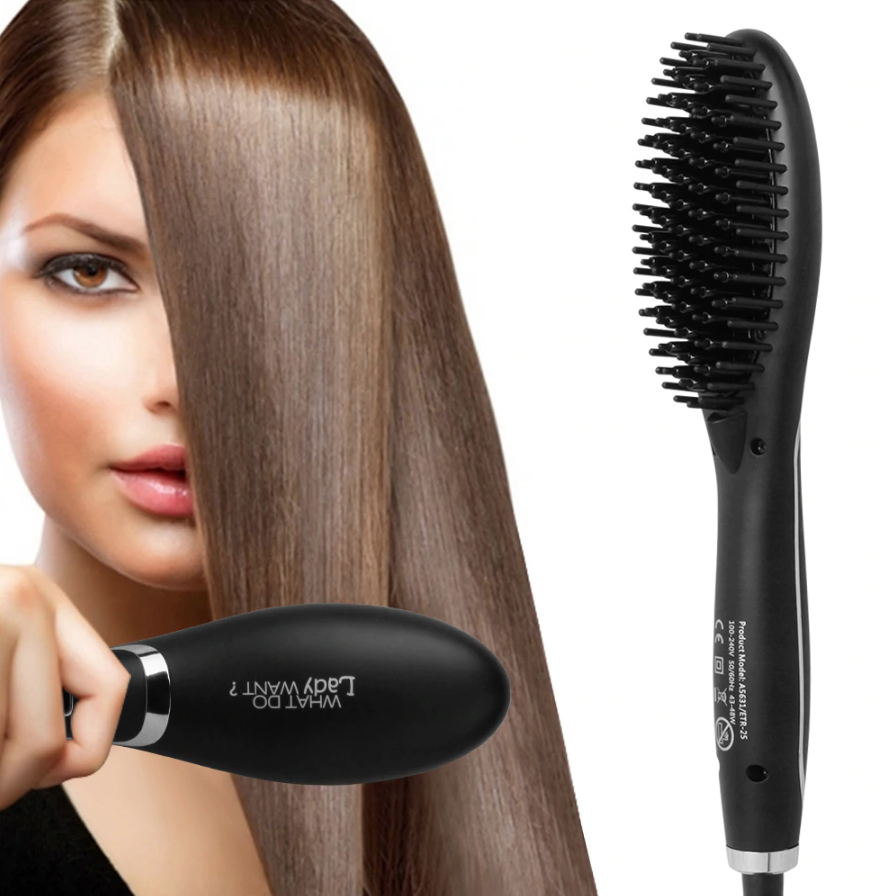 Ceramic hair straightening brush with heated bristles and ergonomic handle