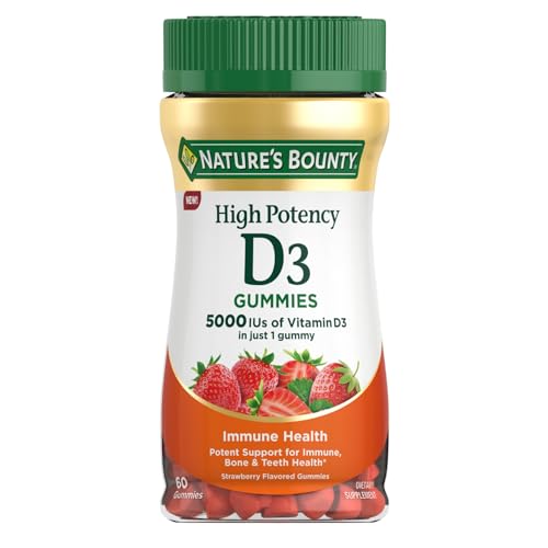 Nature's Bounty Vitamin D3 supplement bottle with capsules, dietary supplement for bone and immune health.