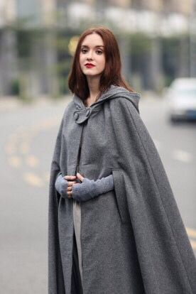 Four-color hooded tie shawl with colorful striped design and adjustable front ties