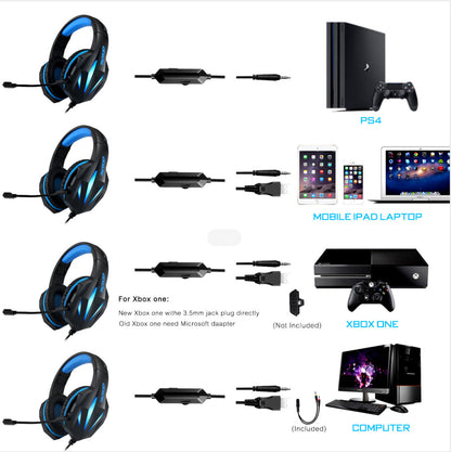 Luminous wired gaming headset with over-ear earcups and adjustable microphone