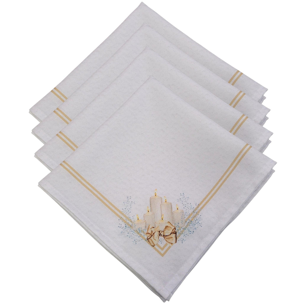 Set of four gold synthetic cloth napkins from Maison Charlô, featuring Christmas candles design, 16x16 inches.