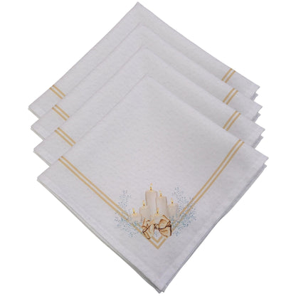 Set of four gold synthetic cloth napkins from Maison Charlô, featuring Christmas candles design, 16x16 inches.
