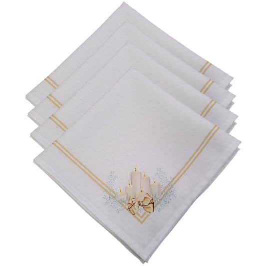 Set of four gold synthetic cloth napkins from Maison Charlô, featuring Christmas candles design, 16x16 inches.