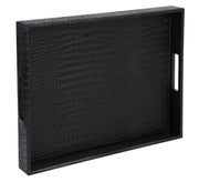HofferRuffer Rectangle Serving Tray with Hole Handles for Coffee Table Breakfast Tea Food Butler - Countertop Kitchen Vanity Serve Tray 16.2 x 12.2 x 2 inches Faux Leather Tray (Black Croco)