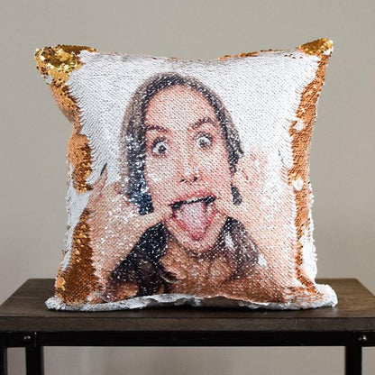 Custom photo sequins throw pillowcase with reversible sequin design, shown in close-up view