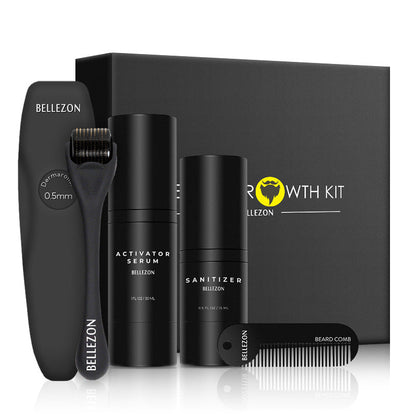 Beard Growth Liquid Beard Care Set with bottles and grooming accessories displayed together