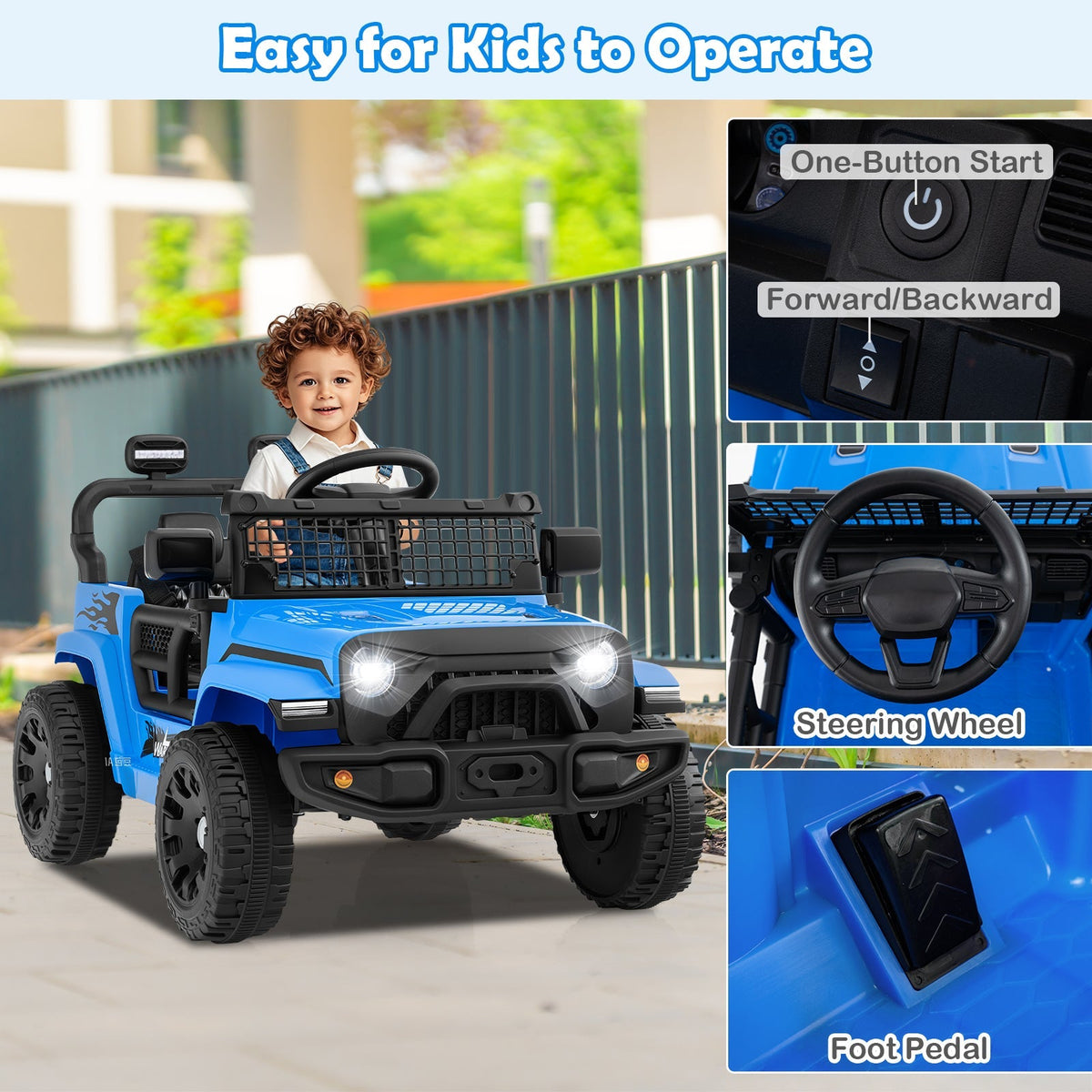 12V kids ride on truck from GBruno Store with realistic design, battery compartment, and sturdy wheels for outdoor play.