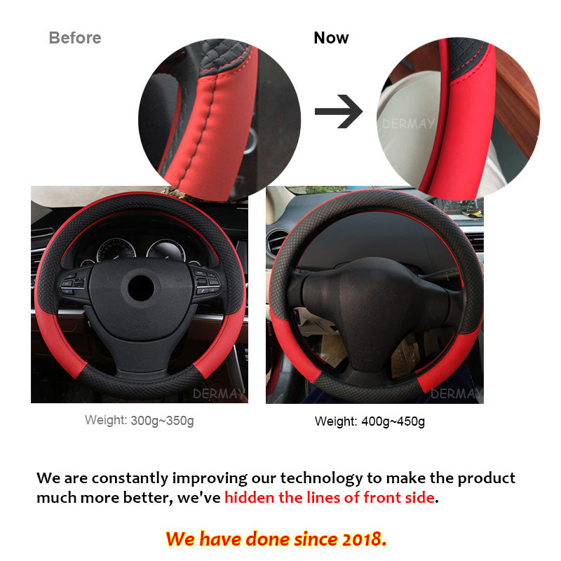 Universal leather car steering wheel cover in black, close-up view