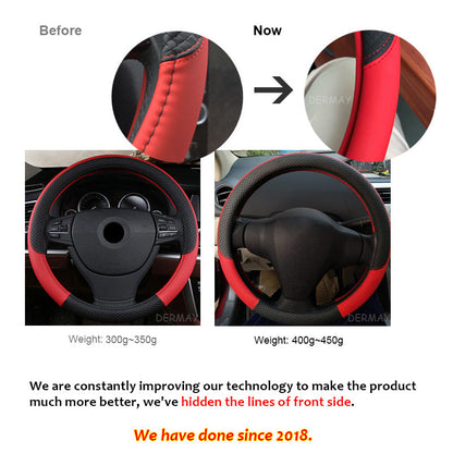 Universal leather car steering wheel cover in black, close-up view
