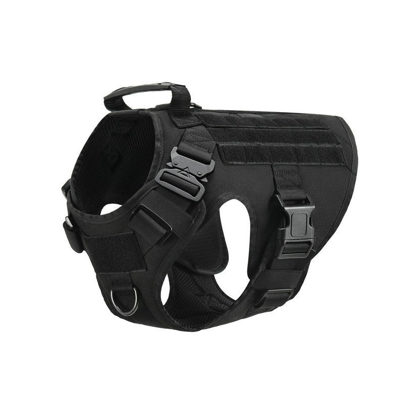 Adjustable military tactical dog harness on German Shepherd back, featuring durable straps and secure fit