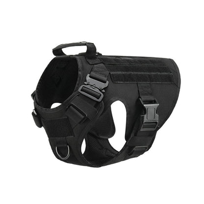 Adjustable military tactical dog harness on German Shepherd back, featuring durable straps and secure fit