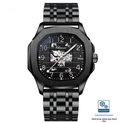High-end square mechanical men's watch with a classic dial and stainless steel case