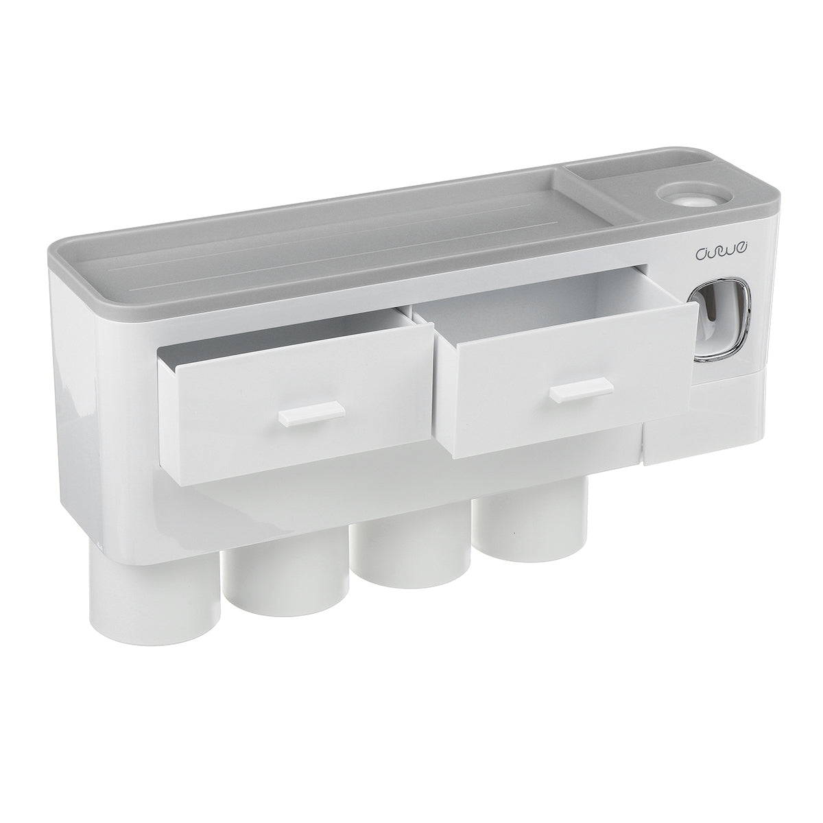 Non-marking hanging magnetic toothbrush holder with single drawer, toothpaste squeezer, and toiletry storage rack
