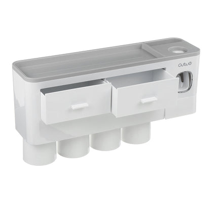 Non-marking hanging magnetic toothbrush holder with single drawer, toothpaste squeezer, and toiletry storage rack