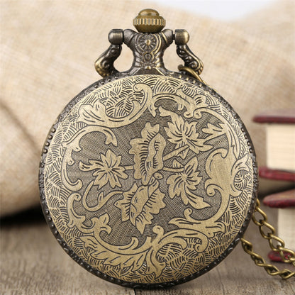 Quartz pocket watch with classic round case and chain, close-up product view