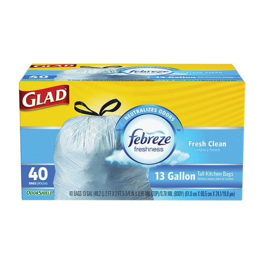 Glad ForceFlex Fresh Clean Scent tall kitchen trash bags with drawstrings, 13-gallon capacity, in clear plastic.