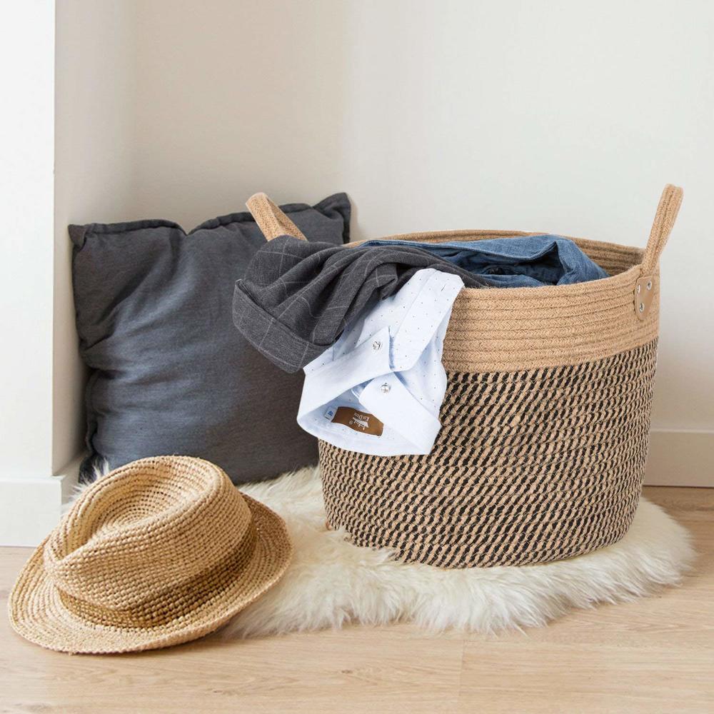 Cotton linen storage laundry basket with sturdy handles and a neutral woven design