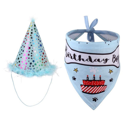 Pet birthday party hat and saliva towel set in colorful design